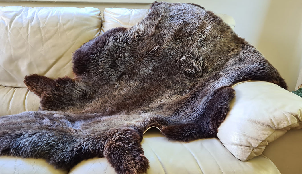 Naturally beautiful - undyed sheepskin rug - Extra large brown/black with grey/white hues. 100cm